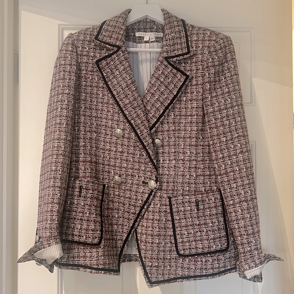Veronica Beard Pink Tweed Double-Breasted Blazer with Black Trim